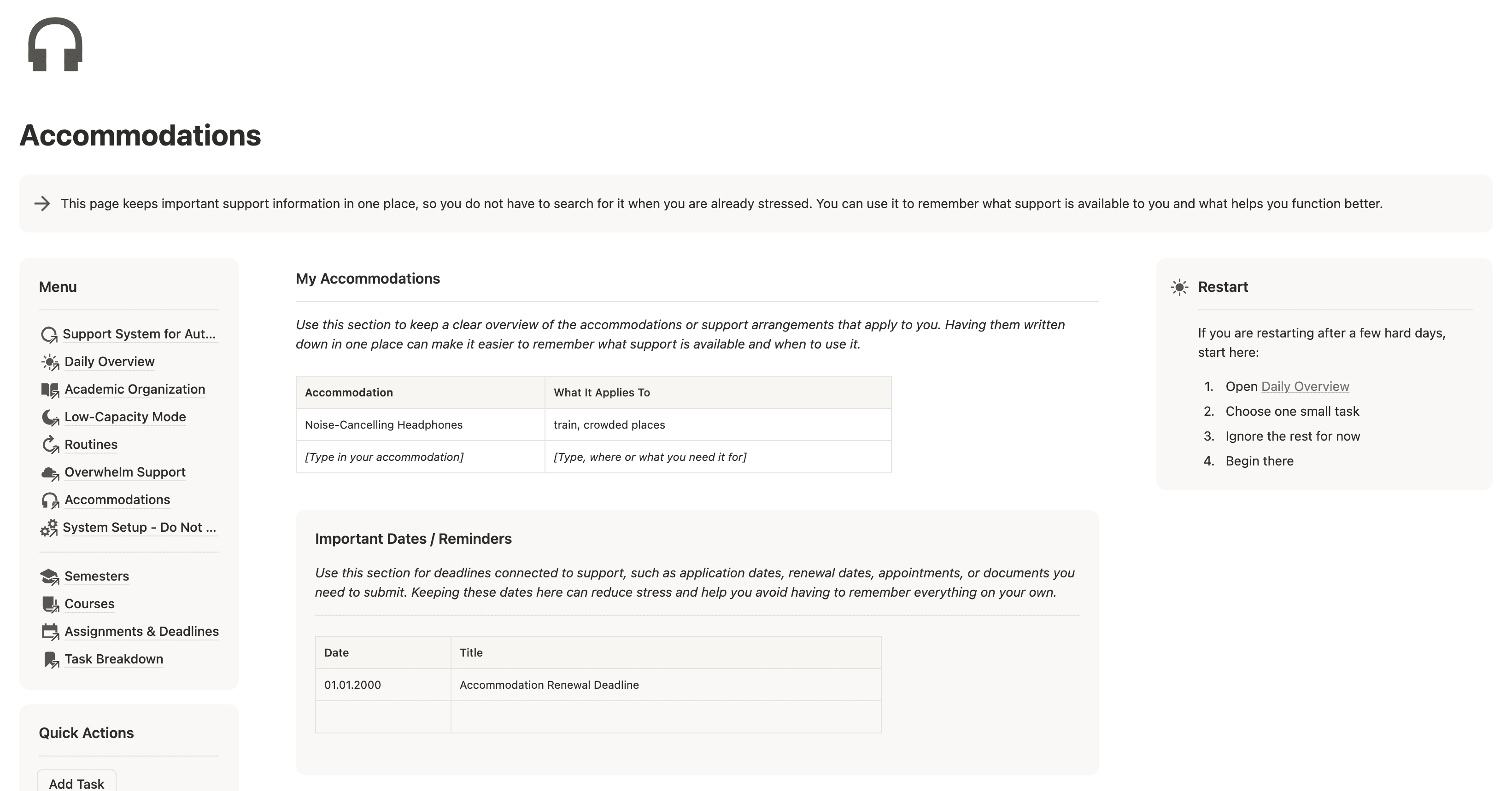 Accommodations overview in the academic support template