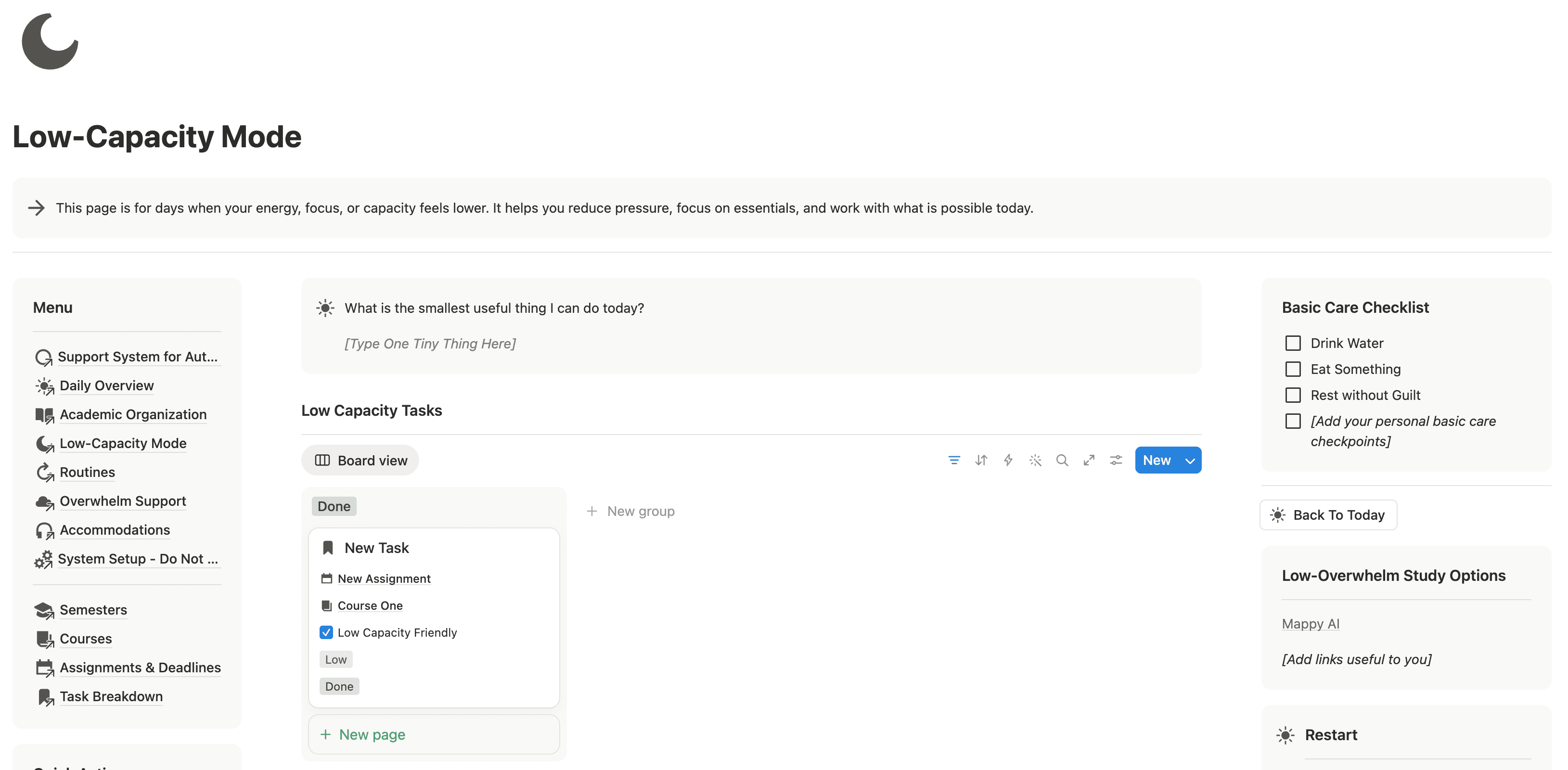 Low capacity mode page in the academic support template