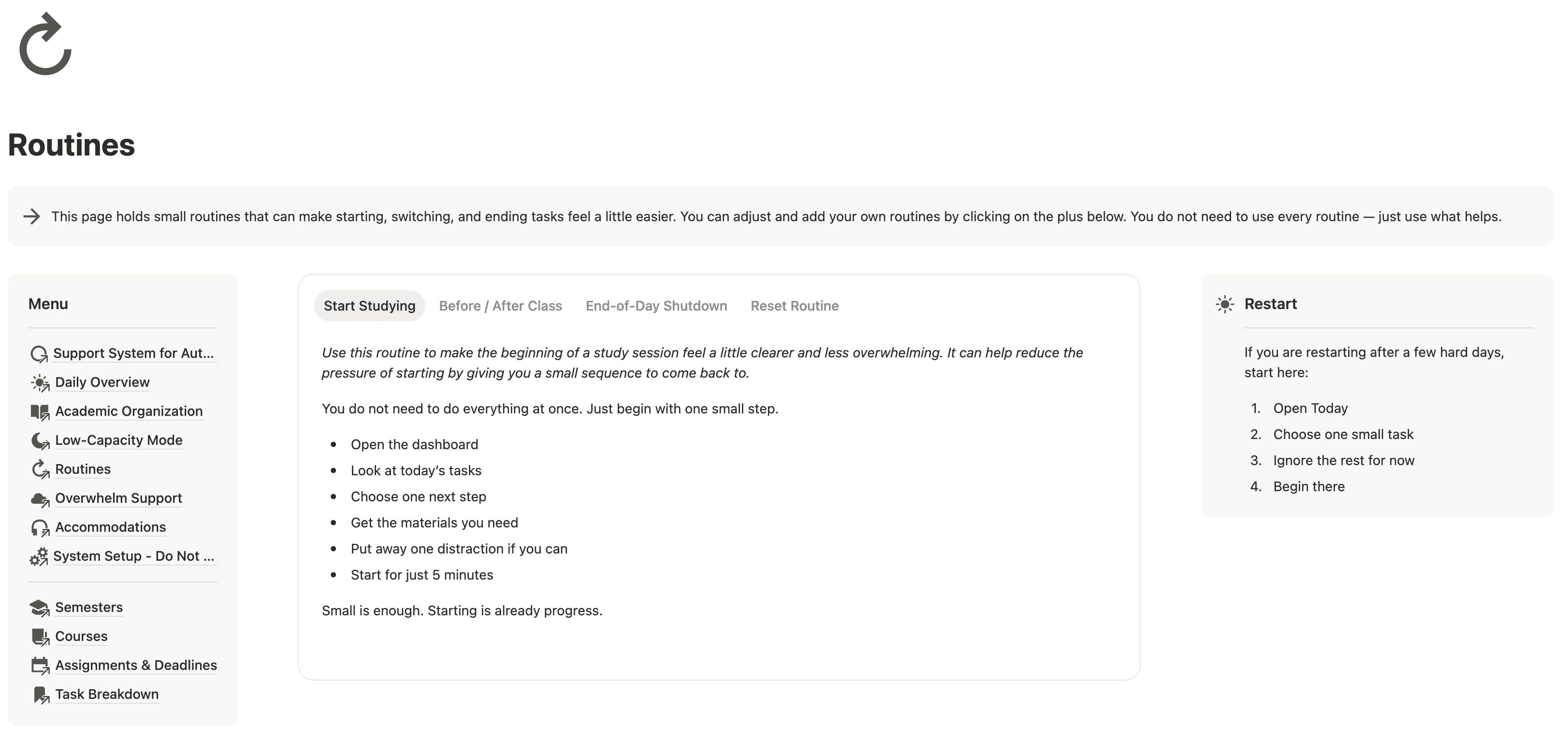Routines page in the academic support template